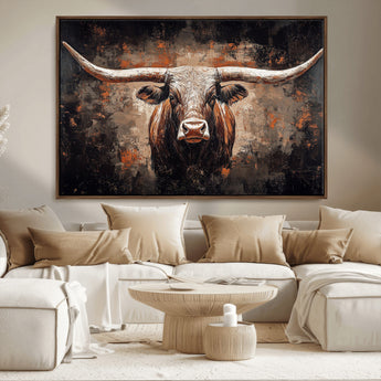 24779067-MGV-FC-36X24_Walnut-Longhorn Bull Wall Art – Western Rustic Canvas Print, Bold Cowboy Cattle Painting for Ranch House, Farmhouse, Office, or Living