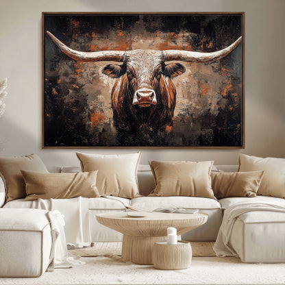 24779067-MGV-FC-36X24_Walnut-Longhorn Bull Wall Art – Western Rustic Canvas Print, Bold Cowboy Cattle Painting for Ranch House, Farmhouse, Office, or Living