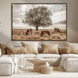 87590224-MGV-FC-36X24_Walnut-Longhorn Cattle Wall Art – Rustic Western Landscape Canvas Print, Texas Farmhouse Prairie Scene for Living Room, Office, or Ranch