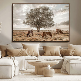 87590224-MGV-FC-36X24_Walnut-Longhorn Cattle Wall Art – Rustic Western Landscape Canvas Print, Texas Farmhouse Prairie Scene for Living Room, Office, or Ranch