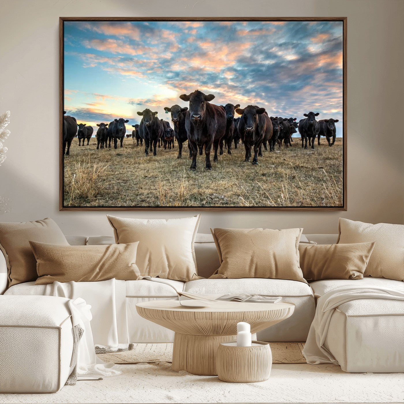 13867292-MGV-CV-36X24-Black Cattle Wall Art – Rustic Ranch Herd Canvas Print, Western Farmhouse Country Landscape Decor for Living Room, Office, or