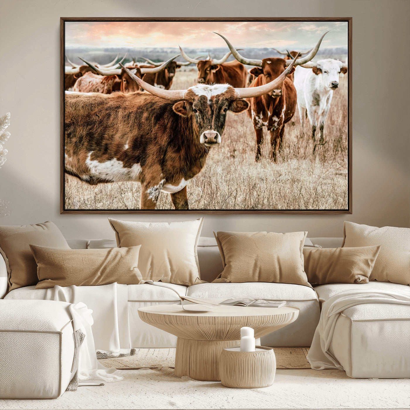 47758300-MGV-CV-36X24-Texas Longhorn Cattle Wall Art – Rustic Western Herd Canvas Print, Cowboy Ranch Farmhouse Decor for Living Room, Office, or