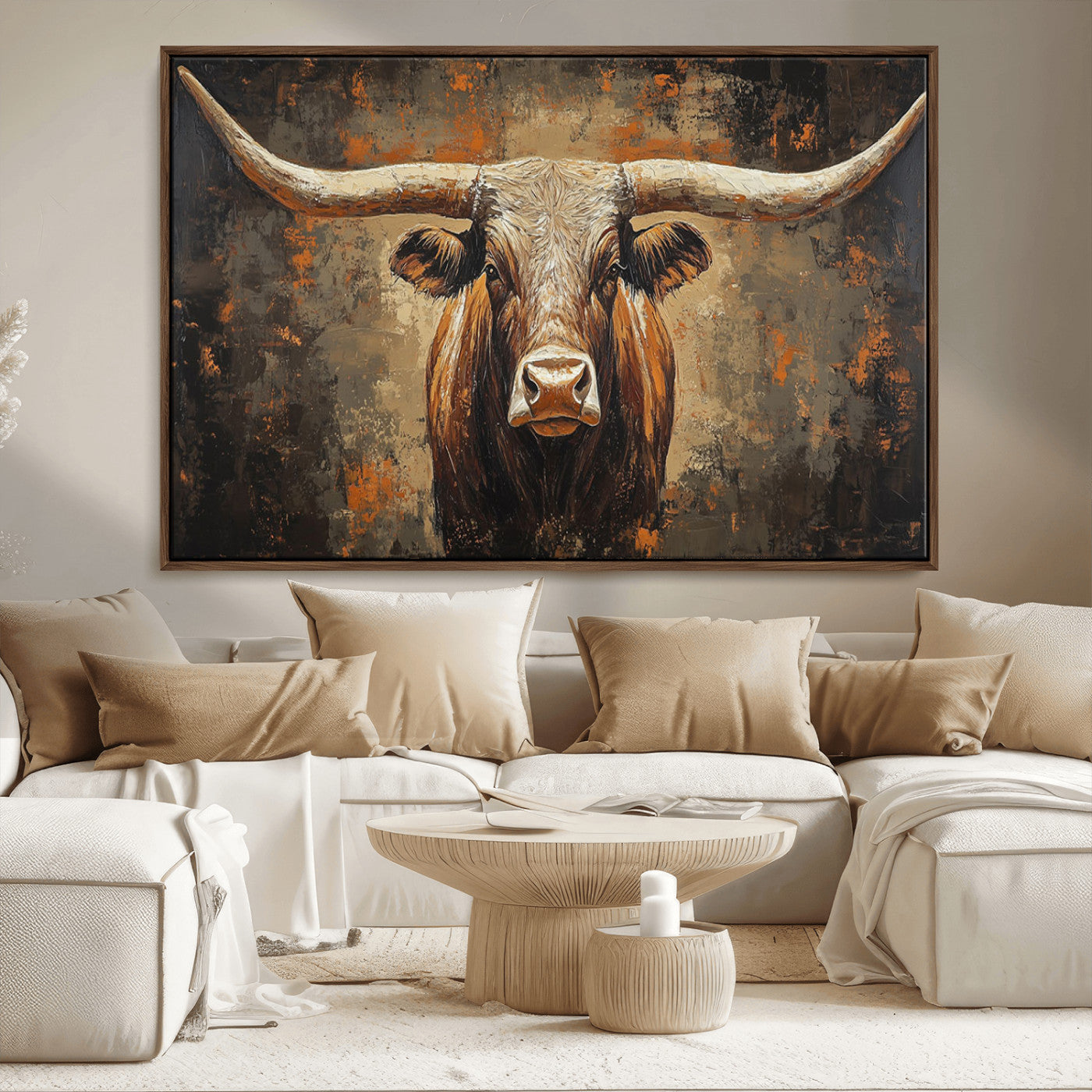 19204445-MGV-CV-36X24-Texas Longhorn Bull Wall Art – Rustic Western Canvas Print, Bold Cowboy Cattle Painting for Ranch House, Farmhouse, Office, or