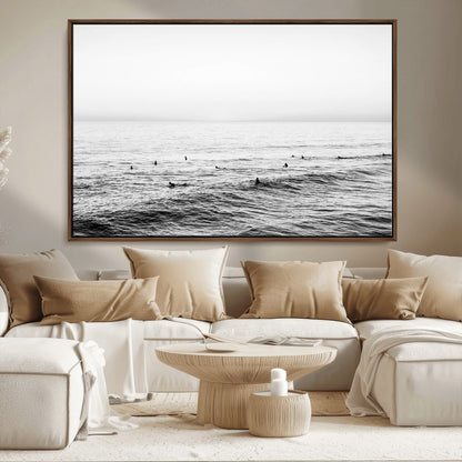 47208268-MGV-CV-36X24-Surfer Ocean Wall Art – Black and White Coastal Canvas Print, Minimalist Surfing Seascape Decor for Living Room, Bedroom, or Beach