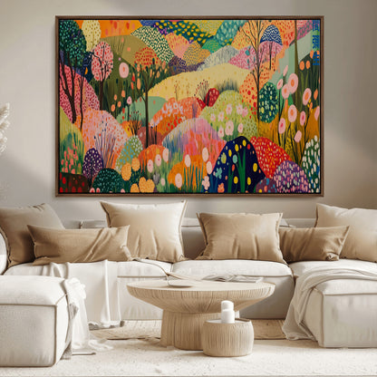 79636380-MGV-FC-36X24_Walnut-Colorful Abstract Landscape Wall Art – Vibrant Hills and Flowers Canvas Print, Modern Whimsical Artwork for Living Room, Bedroom,