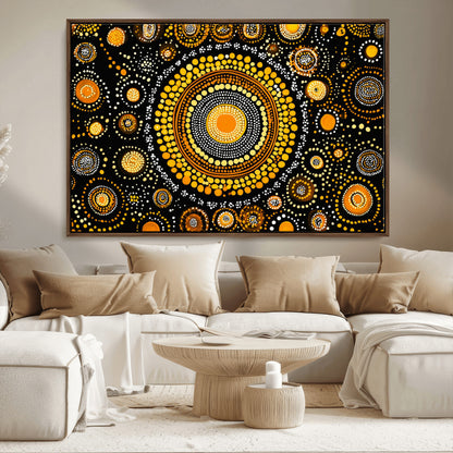 45478523-MGV-FC-36X24_Walnut-Abstract Circle Wall Art – Bold Black and Gold Dot Painting Canvas Print, Modern Geometric Mandala Style Decor for Living Room or