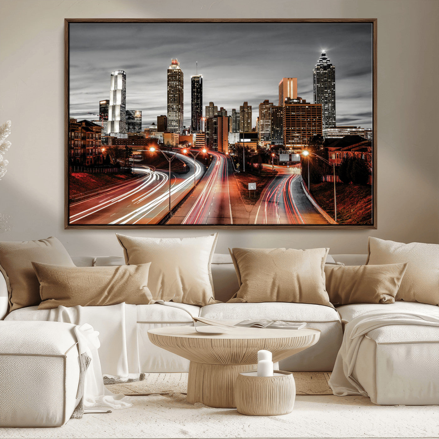 59097239-MGV-CV-36X24-City Skyline Wall Art – Modern Black and White Night Canvas Print with Red Light Trails, Urban Landscape Decor for Living Room or
