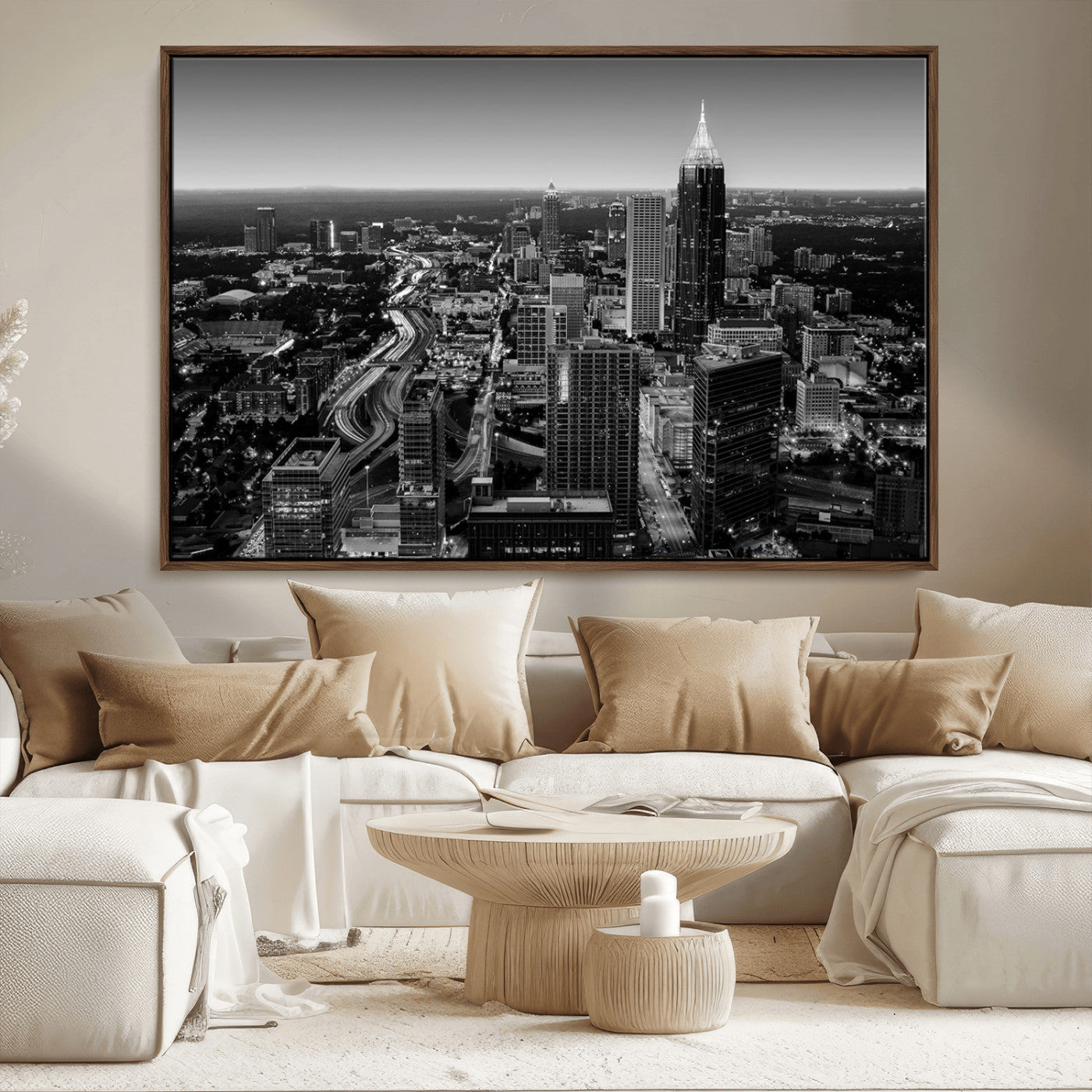 46578567-MGV-CV-36X24-Atlanta Skyline Wall Art – Black and White Cityscape Canvas Print, Modern Urban Night Decor for Office, Living Room, or Apartment
