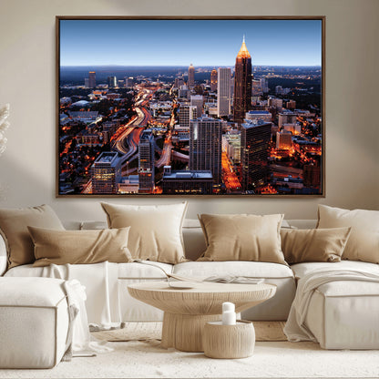 81886632-MGV-FC-36X24_Walnut-Atlanta Skyline Wall Art – Vibrant City Lights Canvas Print, Modern Urban Cityscape Decor for Living Room, Office, or Apartment