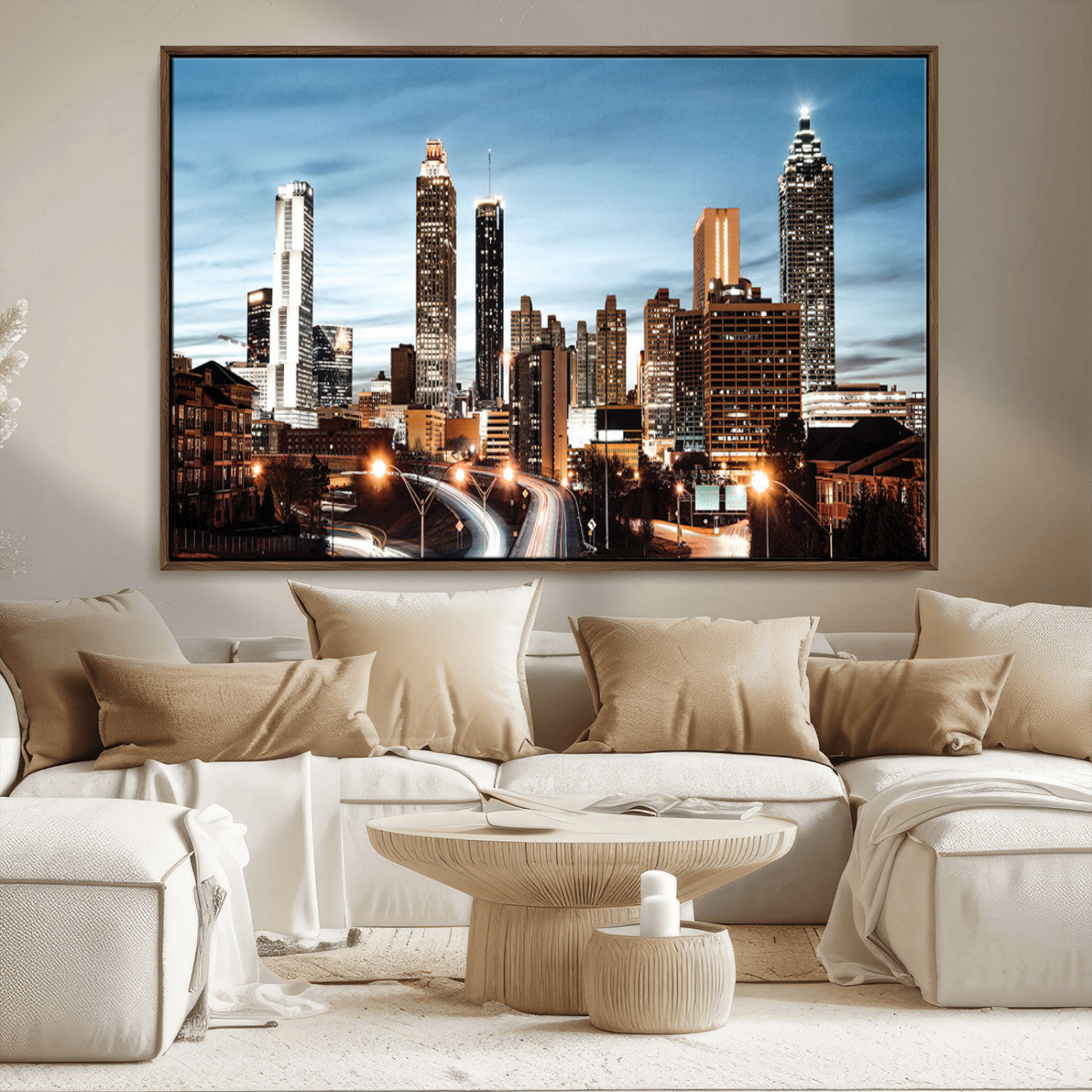 23859158-MGV-FC-36X24_Walnut-Atlanta Skyline Wall Art – Modern Cityscape Canvas Print with Night Lights and Traffic Trails, Urban Decor for Office, Apartment,