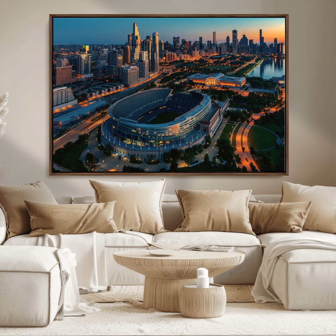 36690345-MGV-CV-36X24-Soldier Field Wall Art – Chicago Bears Stadium Aerial Night Canvas Print, City Skyline Football Decor for Living Room, Office, or