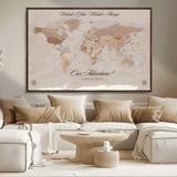 95243244-MGV-CV-36X24-Wander Often Wonder Always World Map Wall Art – Neutral Beige Adventure Canvas Print, Rustic Boho Travel Decor for Bedroom, Living