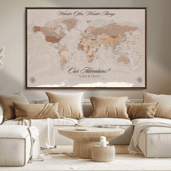 95243244-MGV-CV-36X24-Wander Often Wonder Always World Map Wall Art – Neutral Beige Adventure Canvas Print, Rustic Boho Travel Decor for Bedroom, Living