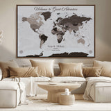 43749658-MGV-CV-36X24-Welcome to Great Adventure World Map Wall Art – Charcoal Gray Canvas Print, Rustic Travel Decor for Living Room, Study, Office or