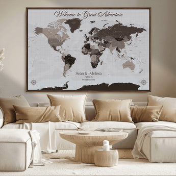 43749658-MGV-CV-36X24-Welcome to Great Adventure World Map Wall Art – Charcoal Gray Canvas Print, Rustic Travel Decor for Living Room, Study, Office or