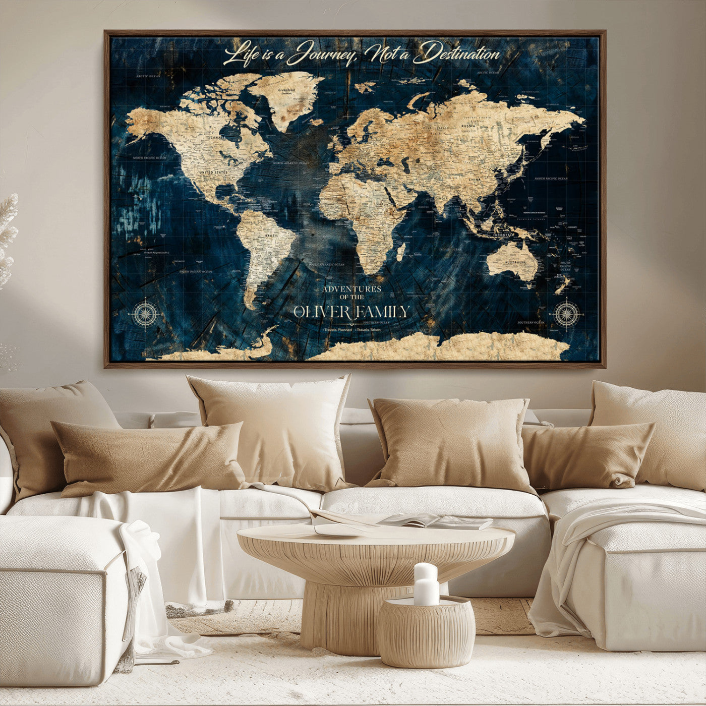 36970886-MGV-CV-36X24-Life is a Journey Not a Destination World Map Rustic Navy Beige Vintage Travel Wall Art Adventure Quote Canvas Print for Home