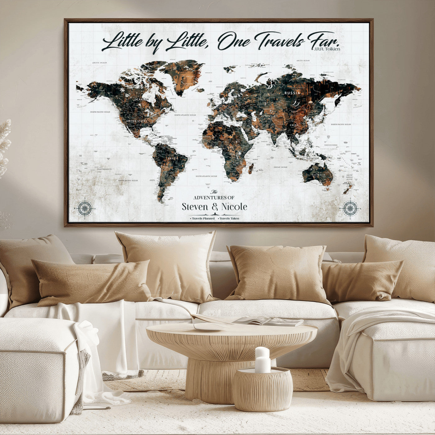 88337180-MGV-FC-36X24_Walnut-Little by Little One Travels Far Tolkien Quote World Map Rustic Black Brown Adventure Wall Art Canvas Print for Home Office Living
