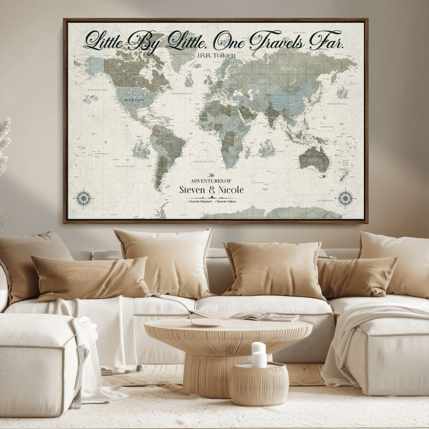10693204-MGV-CV-36X24-Little By Little One Travels Far Tolkien Quote Blue Green World Map Adventure Wall Art Canvas Print Rustic Wanderlust Travel Decor