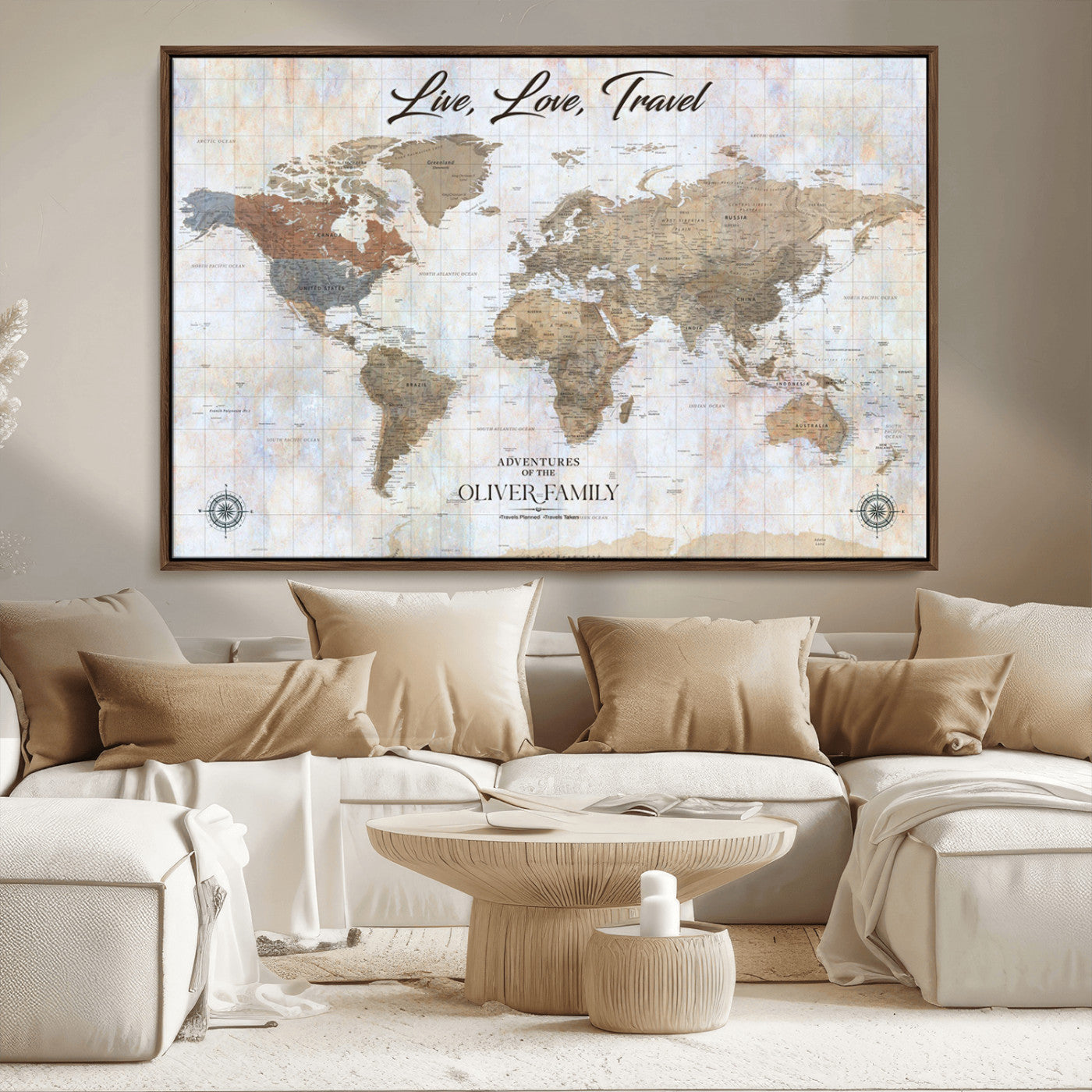 43924907-MGV-CV-36X24-Live Love Travel Wall Art – Neutral World Map Canvas Print, Rustic Adventure Decor for Home, Office or Living Room, Unique Gift