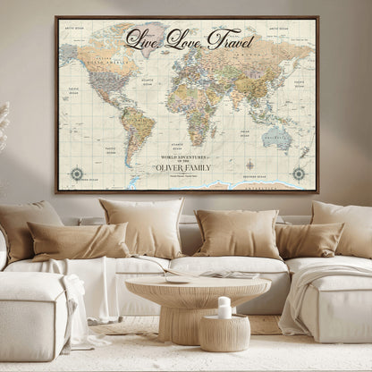 19479008-MGV-FC-36X24_Walnut-Live Love Travel Wall Art – Detailed World Map Canvas Print, Adventure Decor for Living Room, Office or Bedroom, Travel Gift for