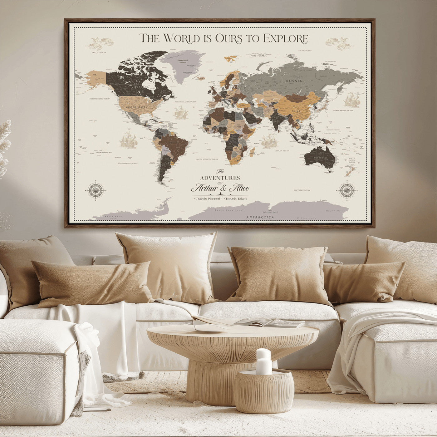 90024882-MGV-CV-36X24-The World is Ours to Explore Wall Art – Earth Tone World Map Canvas Print, Adventure Travel Decor for Living Room, Office or
