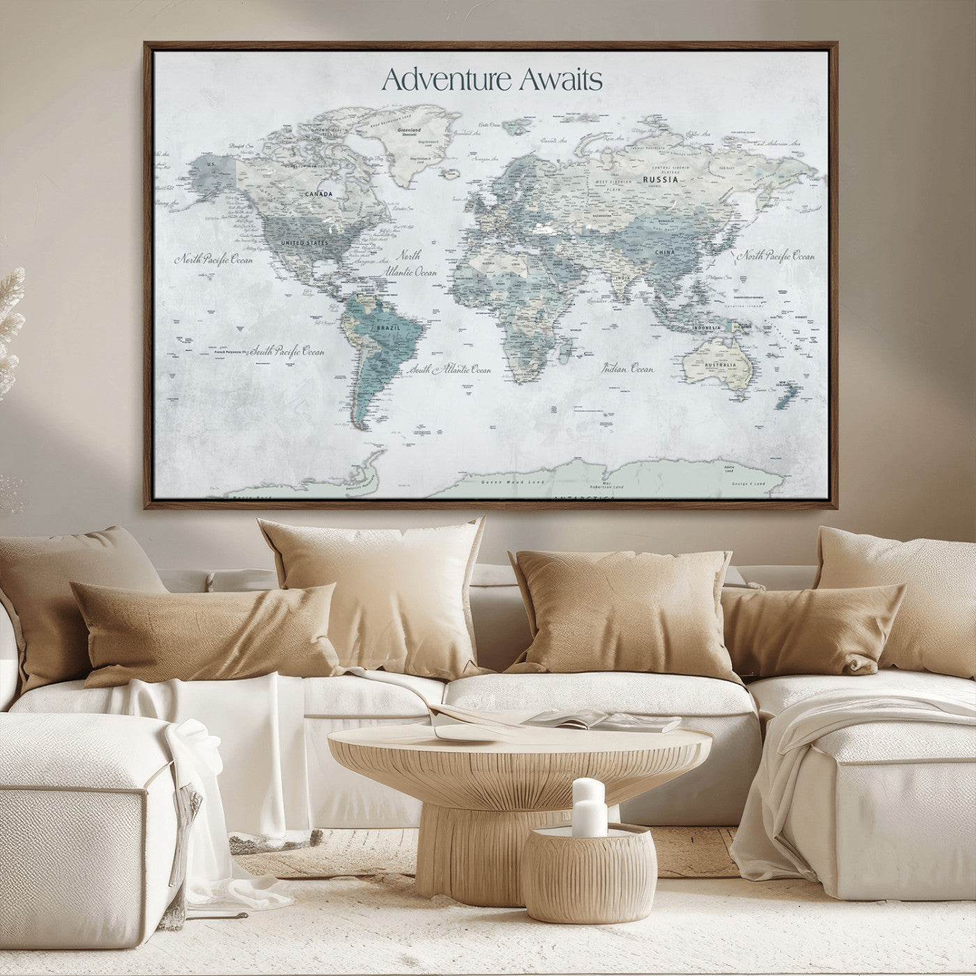 TEST111-MGV-CV-36X24-Personalized Adventure Awaits Push Pin World Map – Custom Framed Travel Tracker Canvas Wall Art for Home, Office