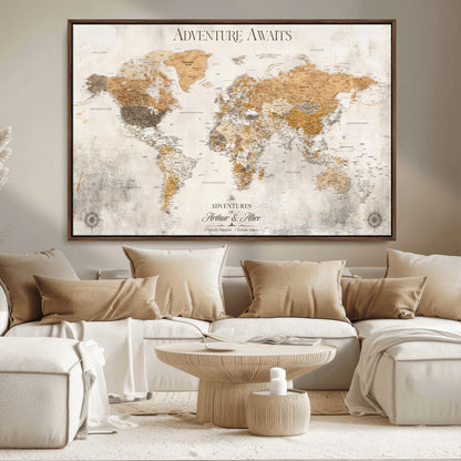 99422096-MGV-CV-36X24-Adventure Awaits World Map Wall Art – Neutral Beige Canvas Print, Modern Travel Inspired Wall Decor for Living Room, Bedroom or
