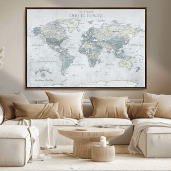 94249974-MGV-CV-36X24-Ours Explore World Map Wall Art – Modern Travel Canvas Print, Neutral Adventure Decor for Living Room, Office, Study, Bedroom,