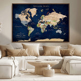 43160428-MGV-CV-36X24-Adventure Awaits Navy Blue World Map – Vibrant Travel Canvas Wall Art, Antique Atlas Print, Wanderlust Decor for Home Office