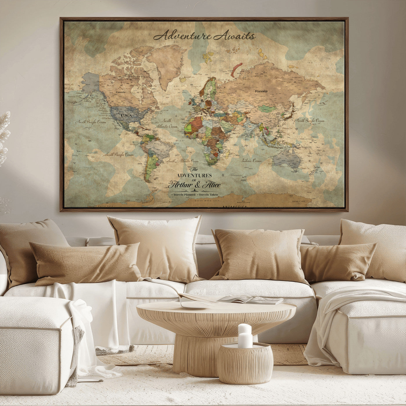 60798273-MGV-CV-36X24-Personalized World Map Wall Art – Rustic Watercolor Adventure Travel Map with Custom Names, Push Pin Canvas for Couples, Family,
