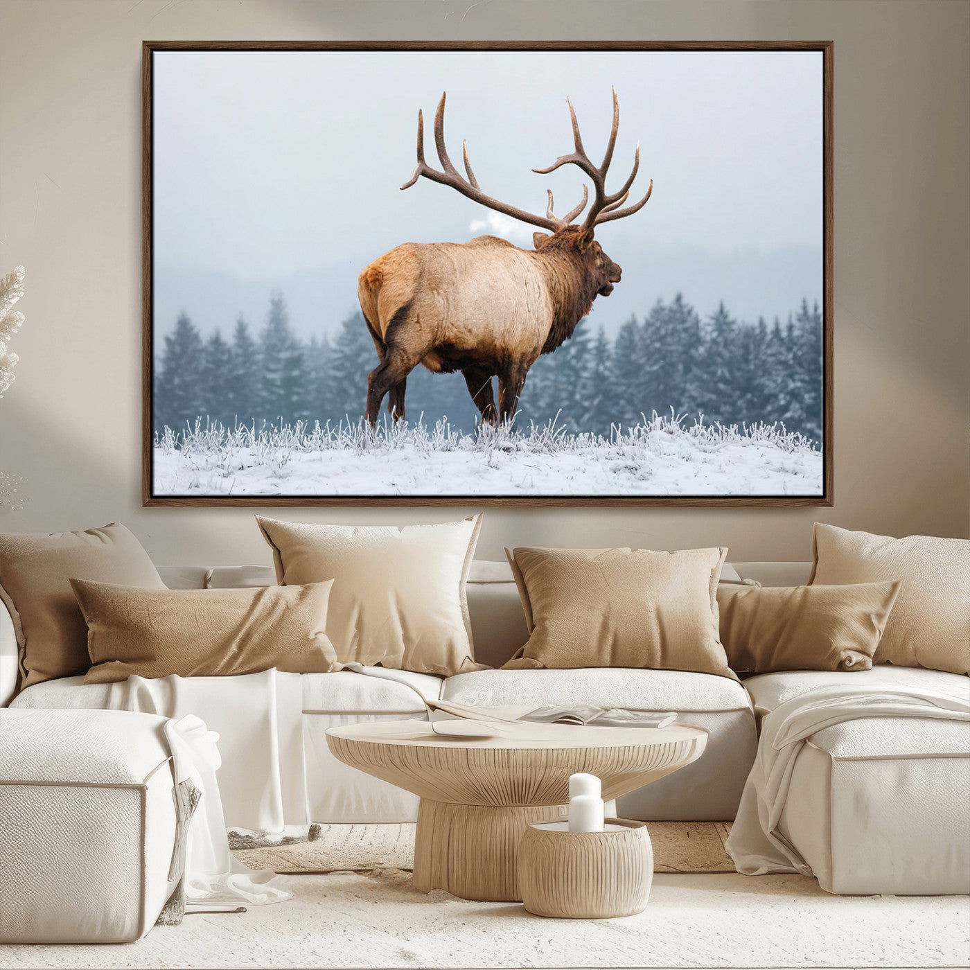 85177251-MGV-CV-36X24-Elk Wall Art – Majestic Wildlife Canvas Print of Bull Elk Snowy Forest, Rustic Nature Decor for Living Room, Cabin, or Office