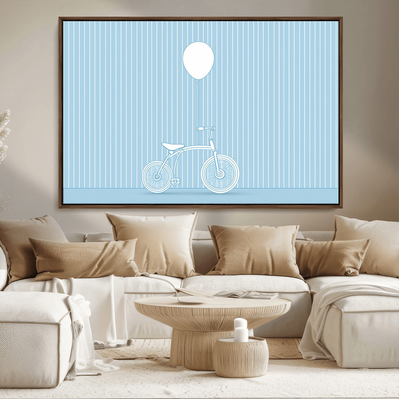 56479838-MGV-CV-36X24-Bicycle Wall Art – Minimalist Blue Canvas Print with Balloon Illustration, Modern Decor Artwork for Kids Room, Nursery, or Living