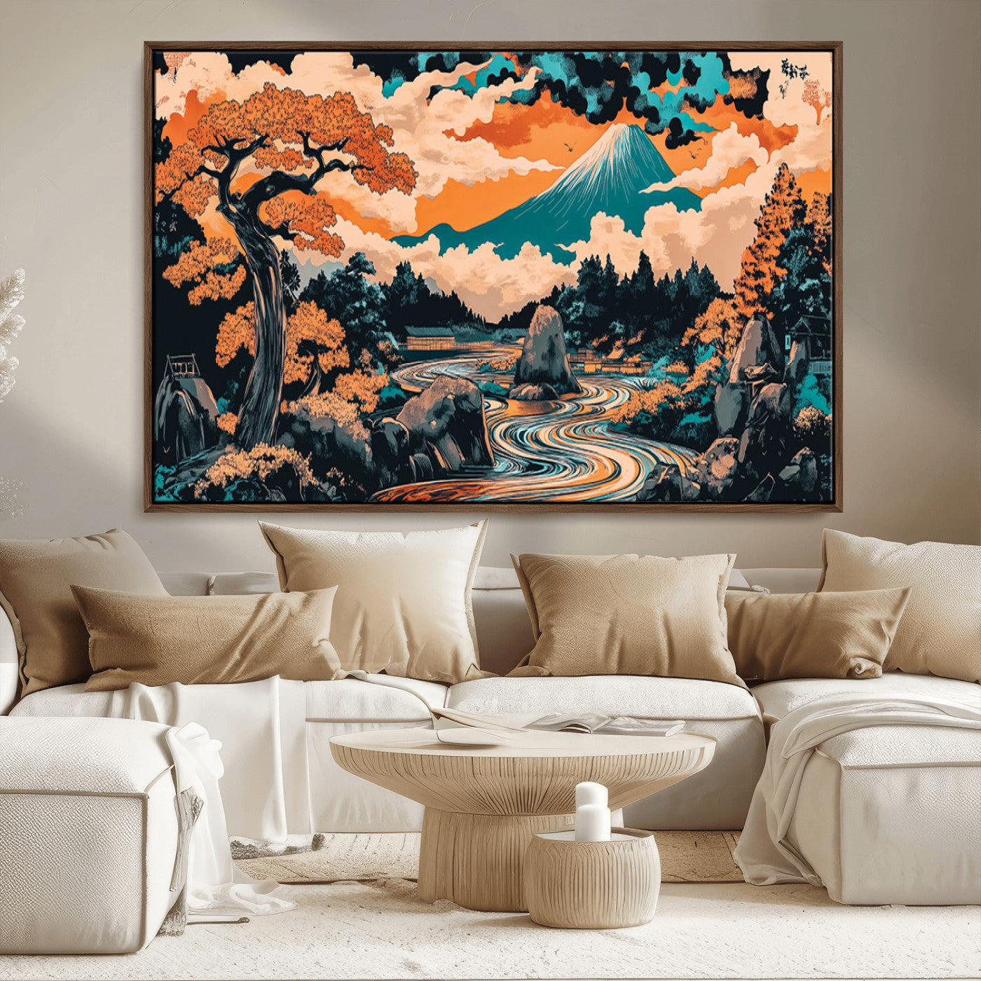 21638941-MGV-CV-36X24-Japanese Landscape Wall Art – Mount Fuji and Flowing River Ukiyo-e Style Canvas Print, Traditional Japan Inspired Artwork for