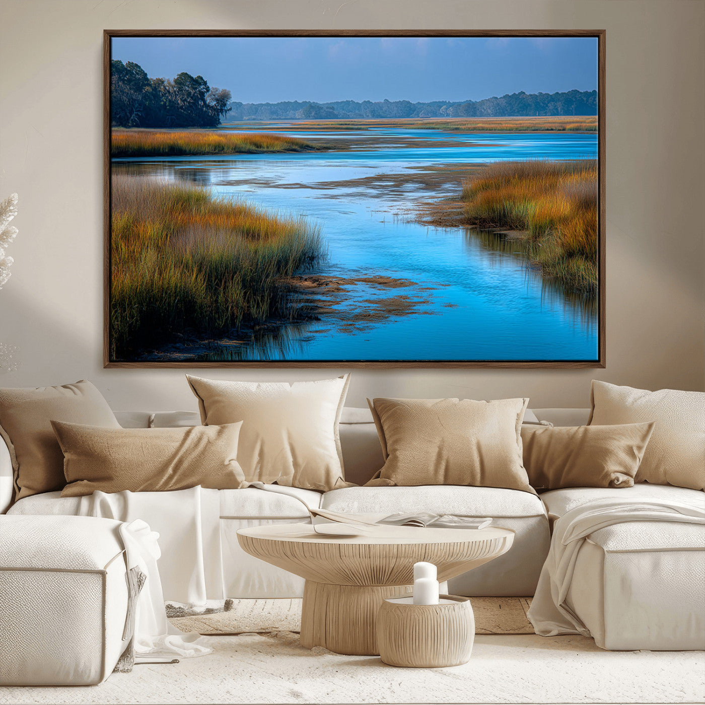26300004-MGV-CV-36X24-Marshland Landscape Wall Art – Scenic Nature Canvas Print with Golden Grass and Blue Water, Peaceful River Photography for Living