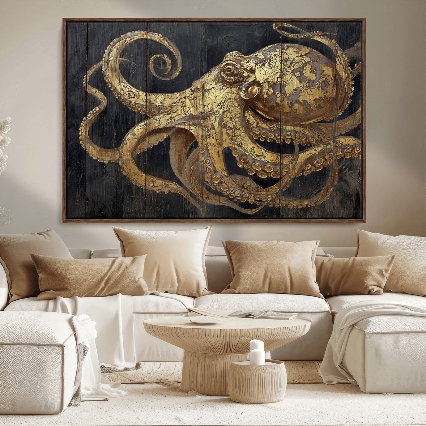 47056538-MGV-CV-36X24-Octopus Wall Art – Gold Nautical Canvas Print with Rustic Wood Texture, Marine Creature Artwork for Coastal Ocean Decoration in