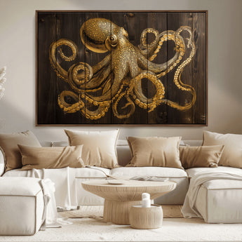 56769669-MGV-CV-36X24-Octopus Wall Art – Gold Nautical Canvas Print with Rustic Wood Panel Design, Detailed Marine Artwork for Coastal Ocean Decoration