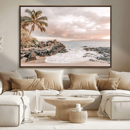 18005328-MGV-CV-36X24-Tropical Beach Canvas Wall Art – Palm Tree, Rocky Shoreline, Ocean Waves, Sunset Clouds, Calm Sea, Island Nature Relaxation for