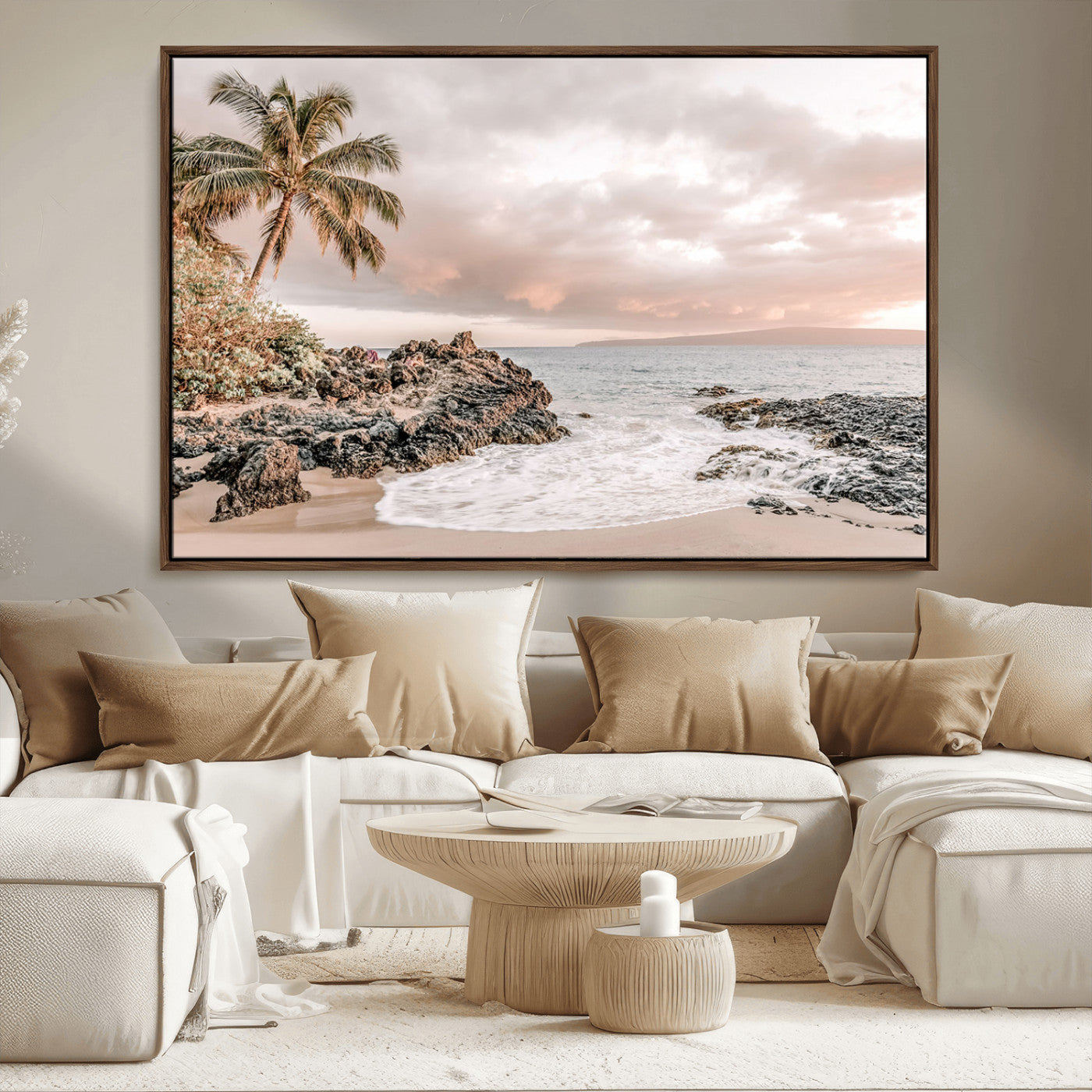 18005328-MGV-CV-36X24-Tropical Beach Wall Art – Coastal Ocean Canvas Print with Palm Tree, Sunset Sky and Rocky Shore, Serene Seascape Photography for