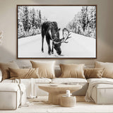38956835-MGV-CV-36X24-Moose Winter Snowy Forest Canvas Wall Art – Wildlife Nature, Antlers in Frozen Landscape, Quiet Path, Cold Season Outdoors Print
