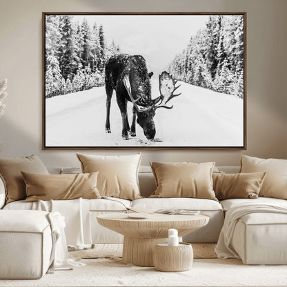 38956835-MGV-CV-36X24-Moose Wall Art – Black and White Wildlife Canvas Print with Snowy Forest Road, Rustic Nature Photography for Cabin, Lodge, Living