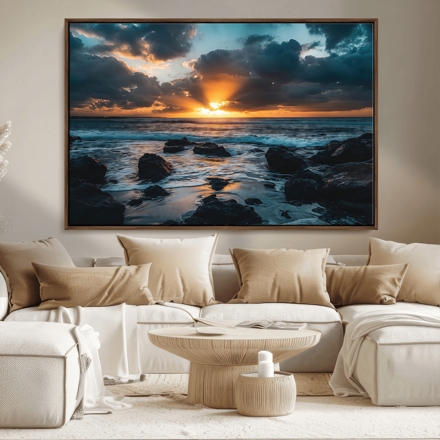66040852-MGV-CV-36X24-Ocean Sunset Canvas Wall Art – Rocky Shore Waves, Dramatic Clouds, Golden Sun Rays, Coastal Nature, Serene Water Reflection for