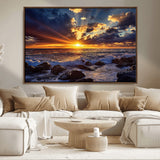 35900590-MGV-CV-36X24-Ocean Sunset Wall Art – Vivid Seascape Canvas Print with Sunburst Sky, Crashing Waves and Rocky Shore, Dramatic Coastal