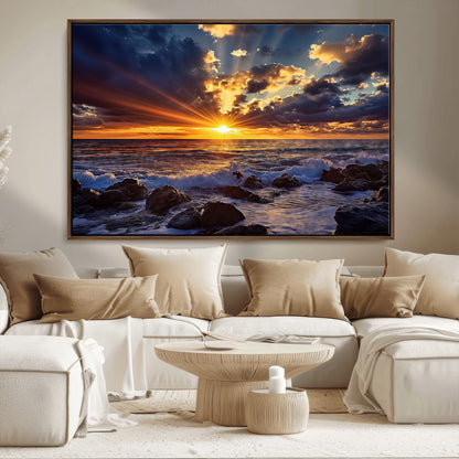 35900590-MGV-CV-36X24-Ocean Sunset Wall Art – Vivid Seascape Canvas Print with Sunburst Sky, Crashing Waves and Rocky Shore, Dramatic Coastal