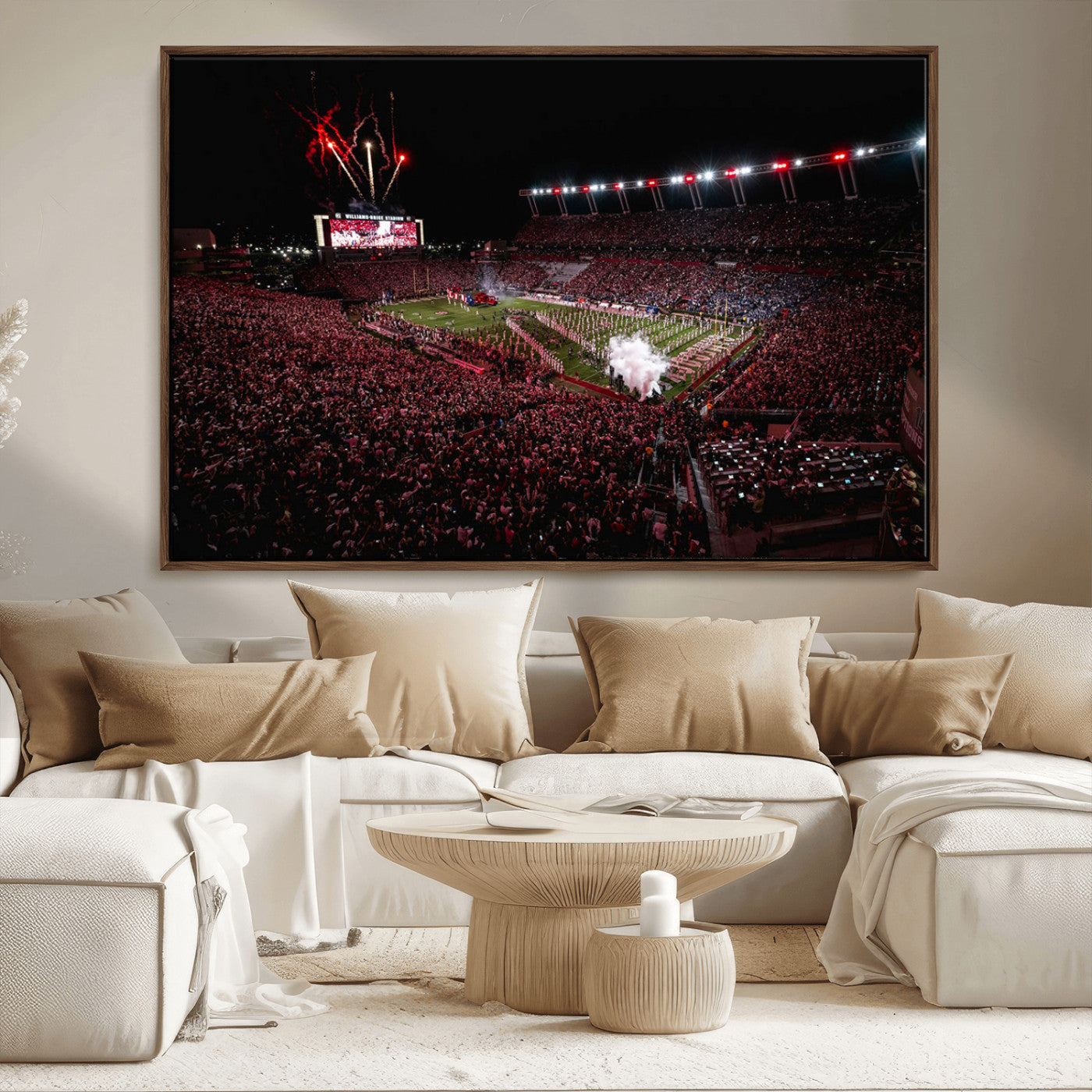 60690191-MGV-CV-36X24-Stadium Wall Art – Night Game Football Canvas Print with Fireworks, Marching Band and Crowd, Panoramic Sports Photography for Man