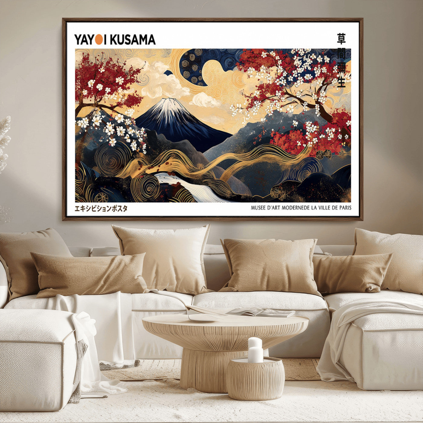 28945903-MGV-CV-36X24-Yayoi Kusama Inspired Japanese Art Canvas Print – Framed Floral & Mt. Fuji Wall Decor, Modern Asian Style Canvas for Home, Office,