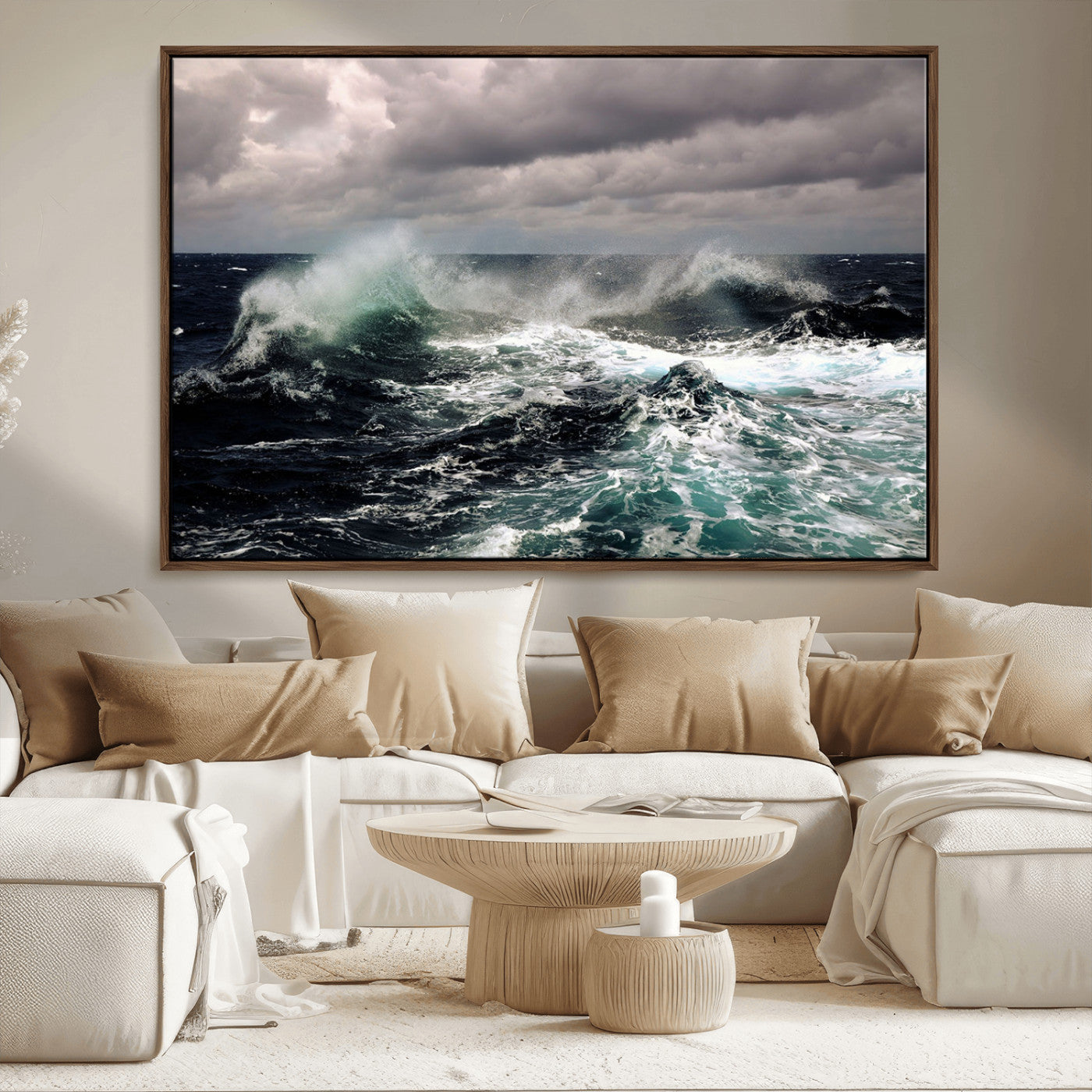 38622353-MGV-FC-36X24_Walnut-Ocean Wave Wall Art – Dramatic Seascape Canvas Print with Stormy Sky and Crashing Sea, Bold Coastal Photography for Living Room,