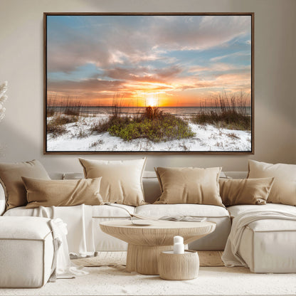 58266230-MGV-CV-36X24-Beach Sunset Wall Art – Coastal Canvas Print with Sandy Dunes, Sea Grass and Golden Sky, Serene Ocean Landscape Photography for