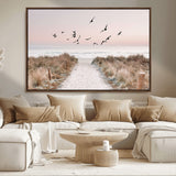 34632598-MGV-CV-36X24-Beach Pathway Wall Art – Coastal Canvas Print with Sandy Trail, Flying Birds and Pastel Sky, Serene Ocean Landscape Photography