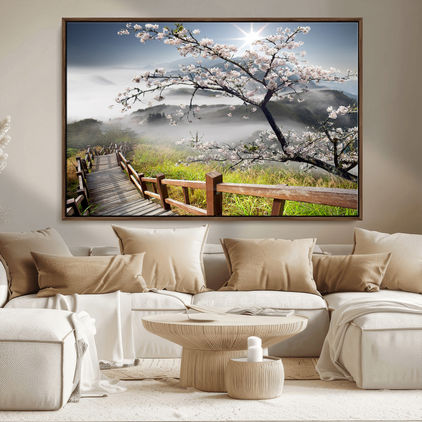 34632598CRY-MGV-CV-36X24-Cherry Blossom Wall Art – Scenic Asian Landscape Canvas Print with Wooden Walkway, Misty Mountains and Sunrise, Serene Nature