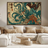 46837670-MGV-CV-36X24-Tsukioka Yoshitoshi Samurai Wall Art Print, Japanese Katana Warrior Canvas Wall Art, Octopus Sea Monster Canvas Print,